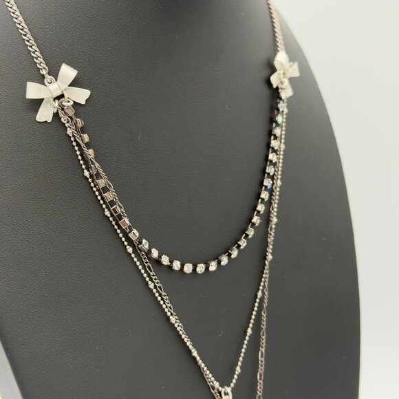 Betsey Johnson Layered Necklace Key Heart Pendants Rhinestones Bow Accents - Picture 3 of 15